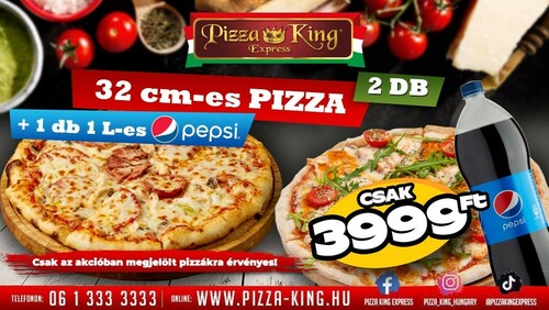 Pizza King 14 - 2 darab normál pizza 1l pepsivel - Szuper ajánlat - Online rendelés
